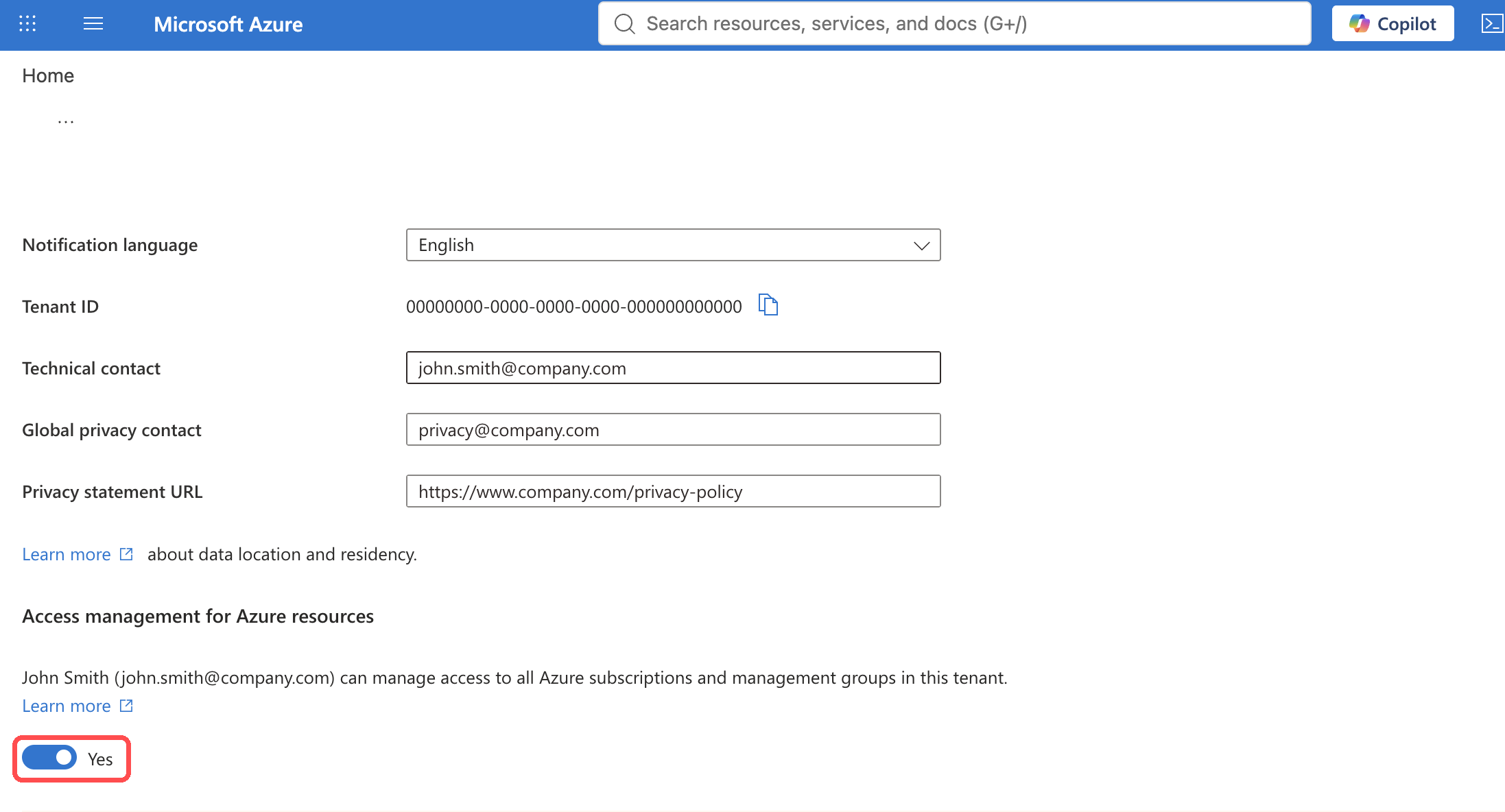 The Access management for Azure resources toggle set to Yes on the Microsoft Entra ID Properties page