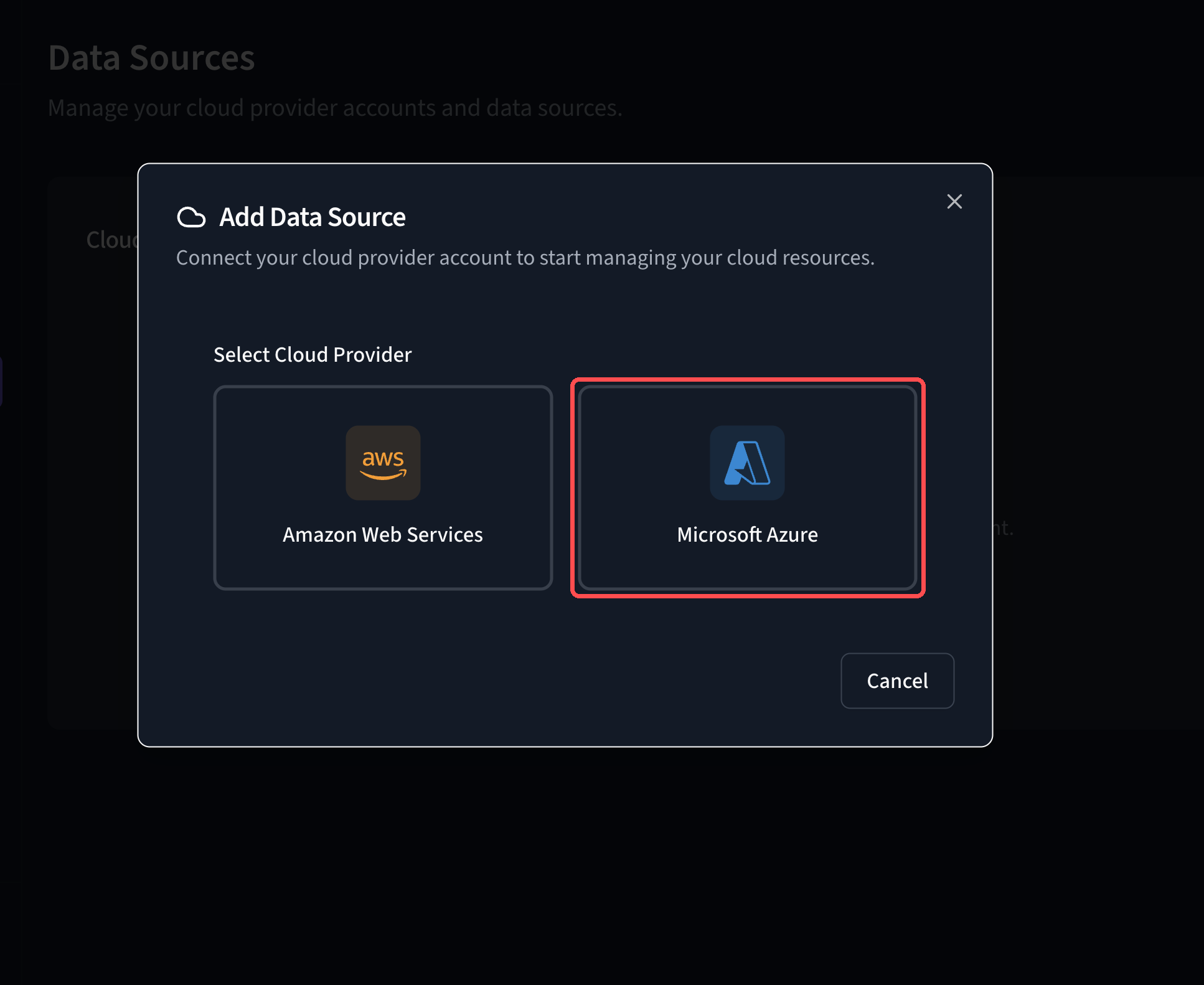 The Add Data Source dialog in Stratusphere, with Amazon Web Services and Microsoft Azure options
