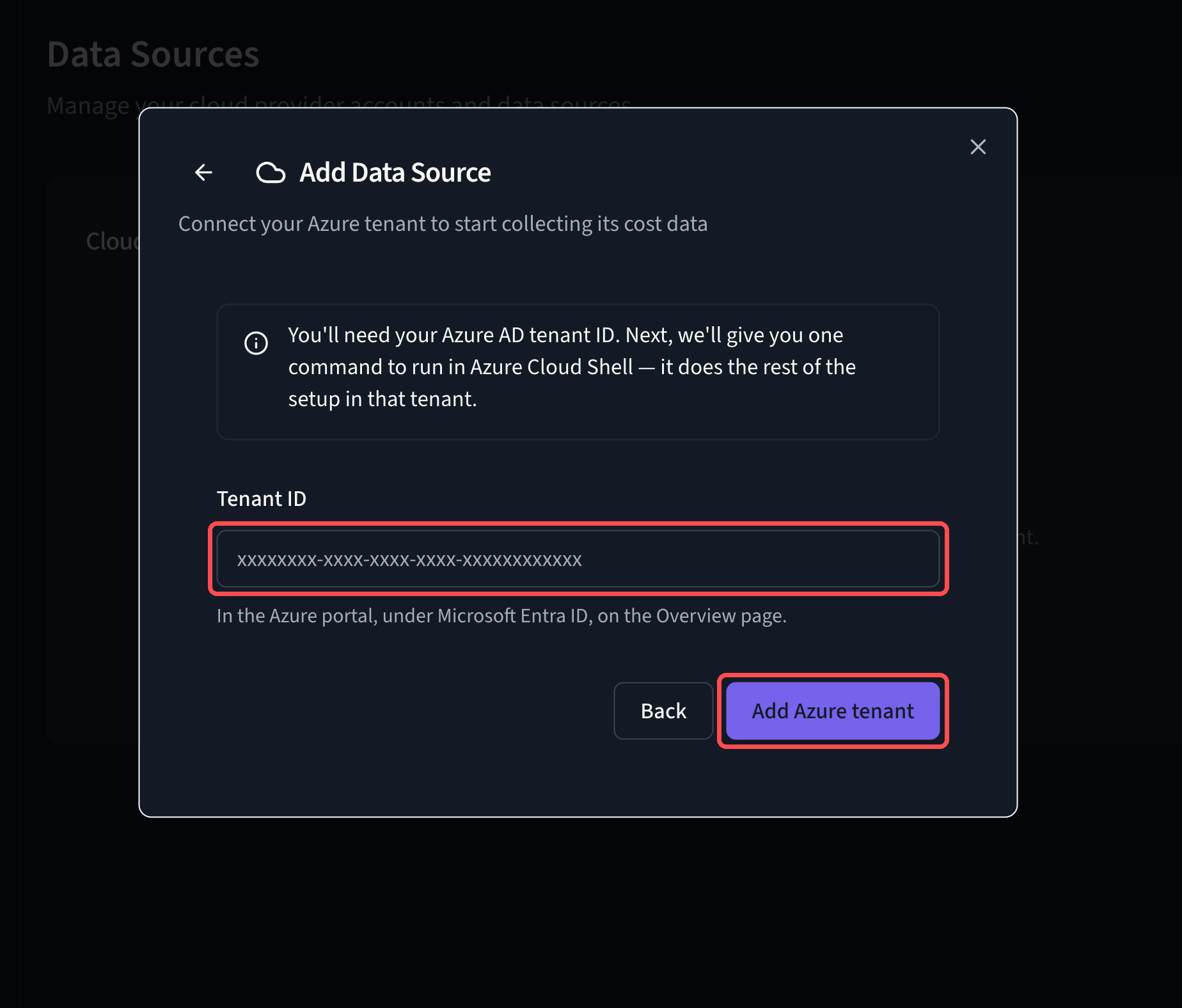 The Azure Tenant ID field and the Add Azure tenant button in Stratusphere