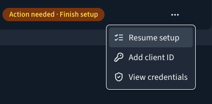 The menu on an Azure tenant's row in Stratusphere, with Resume setup, Add client ID, and View credentials