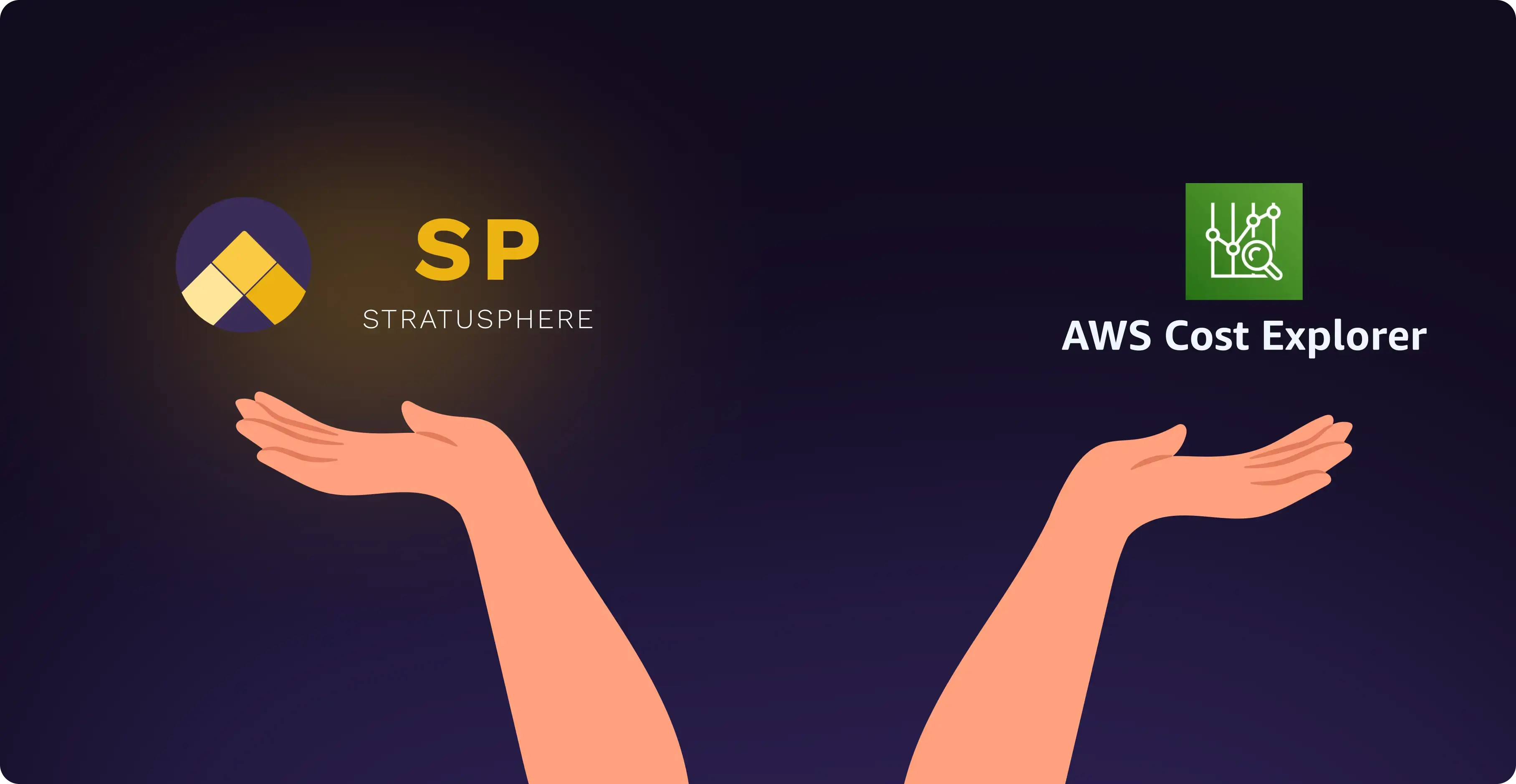 two pink hands holding up the stratusphere logo and the aws cost explorer logo against a dark purple background