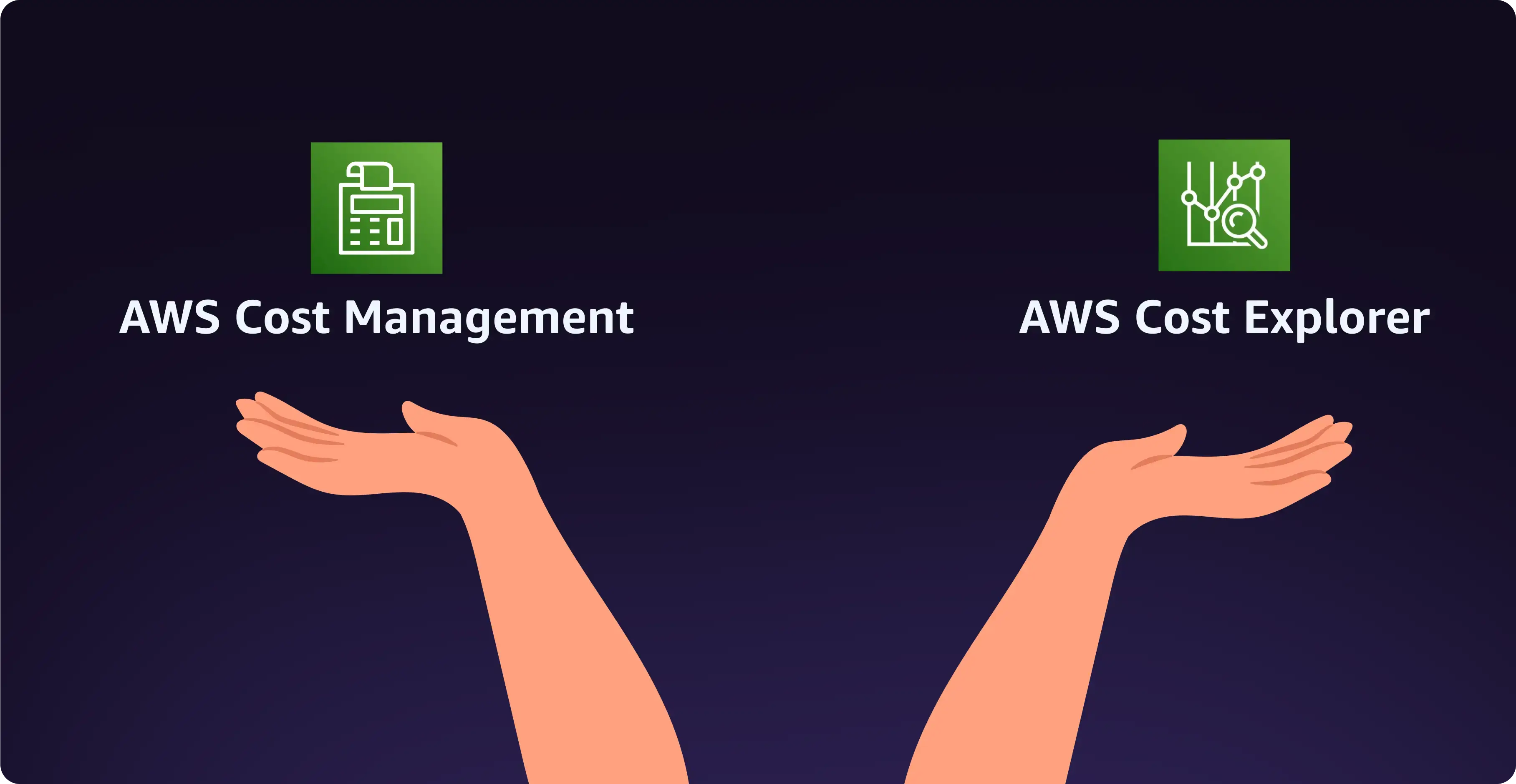 two hands holding AWS Cost Management and AWS Cost Explorer