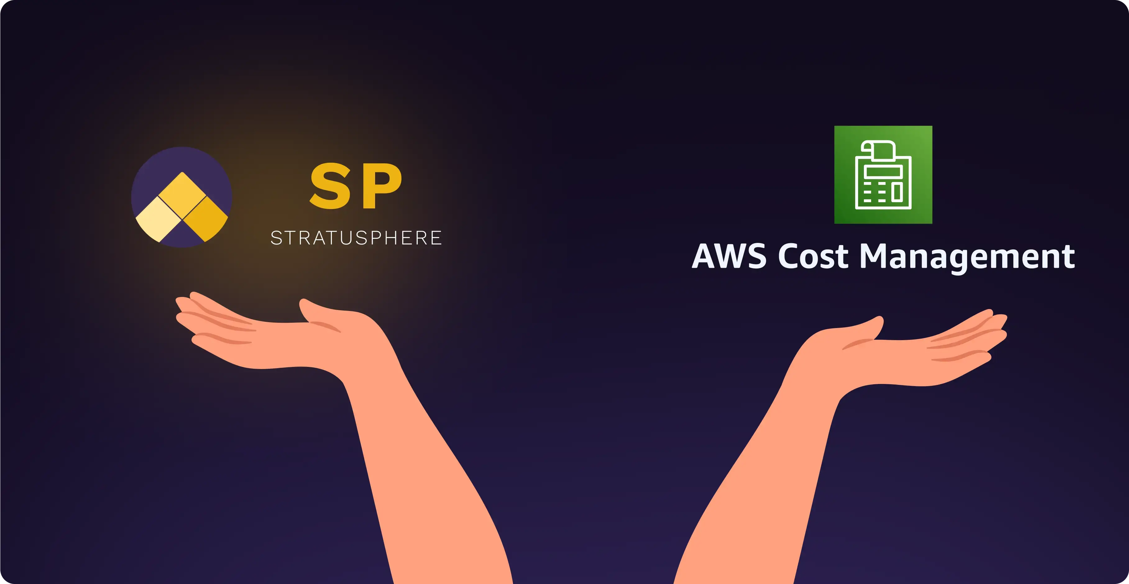 Two hands holding the Stratusphere logo and the AWS Cost Management Console logo against a dark purple background