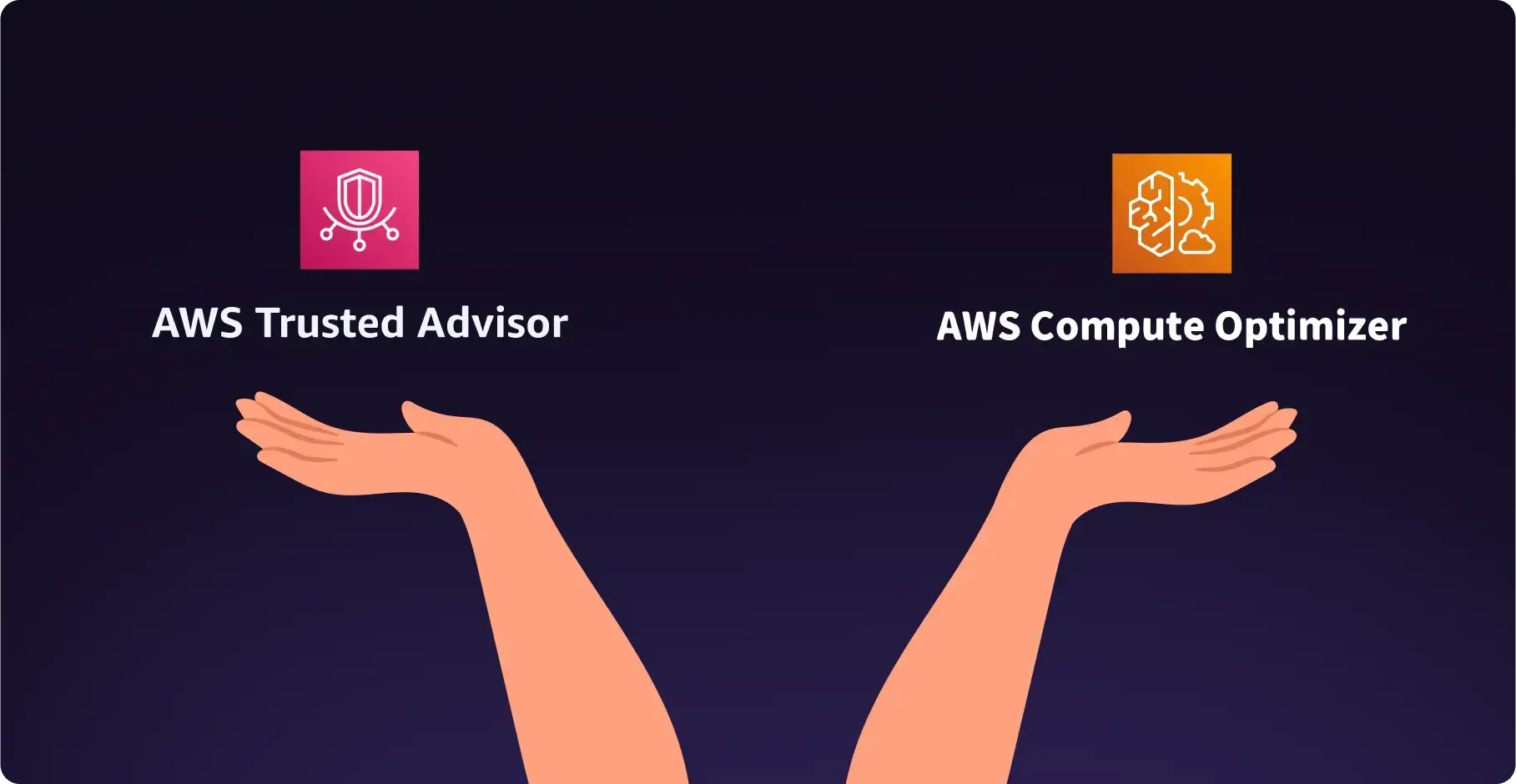 Two hands holding AWS Trusted Advisor logo and the AWS Compute Optimizer logo