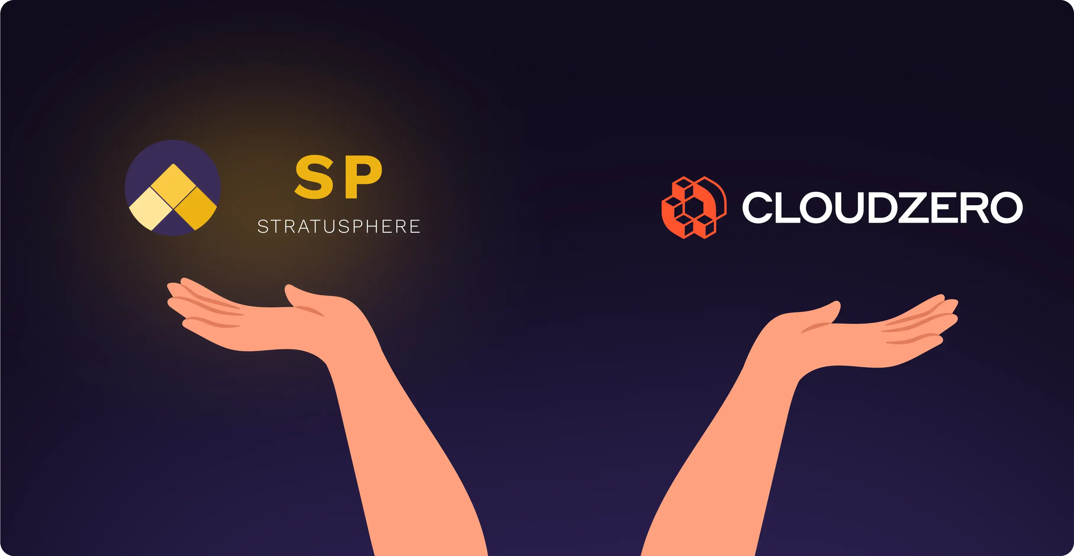 Two hands holding up Stratusphere logo and the CloudZero logo