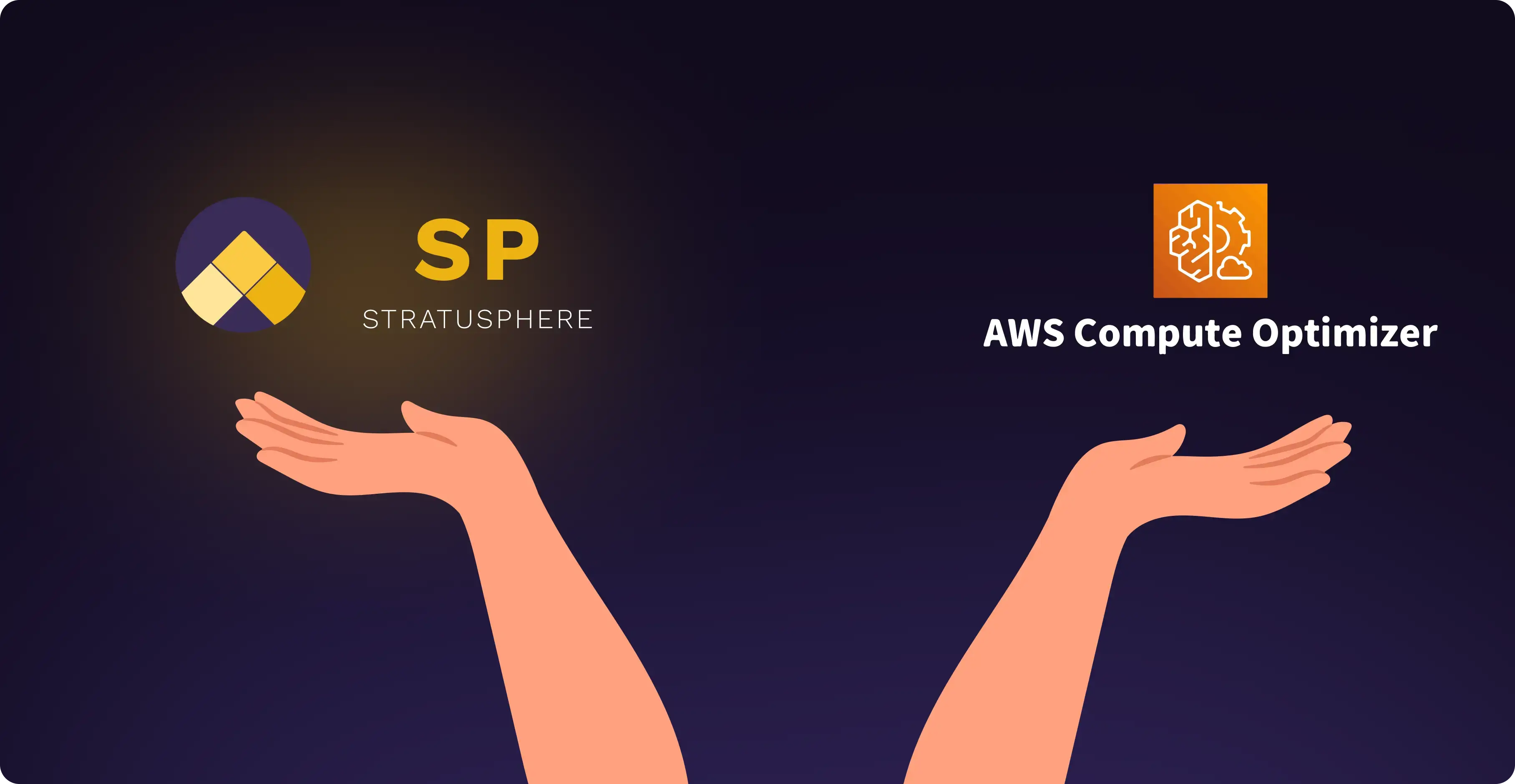 two pink hands against a dark purple background holding up the stratusphere logo and the aws compute optimizer logo