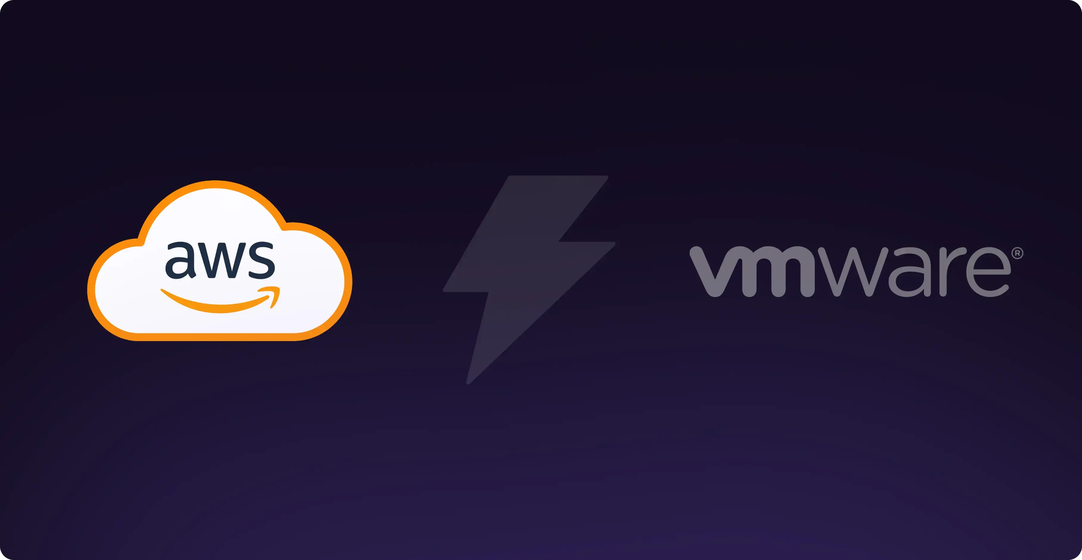aws logo with a lightening blot and vmware logo on the other side on a dark purple background